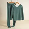 Conjunto de Roupa Íntima Térmica Feminina com Top de Manga Longa e Calça Grossos e Forrados com Fleece, Sem Costura, Verde Escuro e Preto, para o Inverno