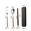 Conjunto de Talheres Coreanos de Aço Inoxidável com Três Peças, Incluindo Hashi de Madeira, Colher e Garfo para Estudantes, Talheres Portáteis para Uso Externo