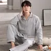 Pijama para Hombre Otoño e Invierno Nuevo Espesado Algodón de Aire Solapa Manga Larga Pantalones Traje de Ropa para el Hogar de Talla Grande de Alta Gama
