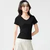 Camiseta Esportiva Feminina Manga Curta Decote V Slim Fit Secagem Rápida Respirável Alta Elasticidade Modeladora para Corrida Pilates Treinamento Fitness