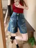 Shorts Jeans Vintage Rasgado Modelo A-Line Plus Size para Mulheres, Verão Cintura Alta Emagrecedor Reto Perna Larga Comprimento do Joelho