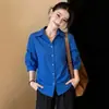 Camisa de Algodón Azul Klein con Cuello Polo Estilo Francés para Mujer, Tallas Grandes, Verano 2026, Top Casual ceñido a la cintura