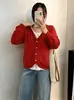 Top de punto de canalé para mujer talla grande con cuello en V, estilo dos piezas falso, colección otoño 2026, cárdigan versátil y casual con ribete de volantes para figuras curvilíneas