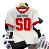 Playera de Manga Corta de Algodón Puro con Cuello Redondo Estampada Digitalmente Dulce y Cool Retro Americana con Bloques de Color para Mujer Verano Ins Versátil Look Adelgazante Top