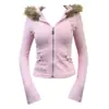 Estilo Chica Dulce Millennial Y2K Sudadera con Capucha y Cremallera Ajustada con Bordes Deshilachados, Pantalones Acampanados Ajustados con Estampado de Dibujos Animados y Pedrería, Retro