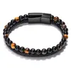 Pulsera Trenzada de Cuero y Piedra Natural, Pulsera de Joyería Trenzada con Ojo de Tigre y Piedra Volcánica de Aleación, Venta al por Mayor