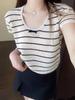 Moda Retro Estilo Americano Combinación Versátil Estilo Occidental Suéter Delgado Verano Nuevo Sentido del Diseño Sencillo a Rayas Combinación de Colores Top