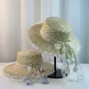 Sombrero de Paja Tulipán con Lazo de Encaje, Copa Plana, Gama Alta, Vacaciones, Ins, Sombrilla, Protección Solar, Sombrero de Paja Francés de Alta Calidad