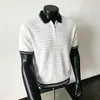 Camisa Polo de Punto de Seda Helada con Bloques de Color Transparente Transfronteriza Europea y Americana para Hombre, Manga Corta, Cierre de Cremallera, Texturizada, Estilo Maduro Ropa para Hombre