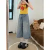 Calça jeans feminina cropped de perna larga estilo americano, nova para o verão, jeans retrô slim fit da moda com bordado de cachorrinho