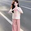 Conjunto de dos piezas de verano con top tipo chal elegante para niñas mayores, estilo casual, nueva camiseta de manga corta de verano para niños