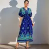 Vestido de Playa de Algodón Seda de Manga Corta con Cuello en V Estilo Étnico Transfronterizo Vestido de Viaje a Tailandia Vestido Floral Estampado de Verano para Vacaciones