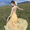 Estilo Festivo Súper Hada Sol Manchado Amarillo Mono de Tirantes sin Espalda Falda Larga para Viaje de Verano Foto en la Playa