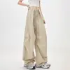 Calça Cargo Casual Loose Streetwear de Nicho Feminina Cáqui Cintura Alta Emagrecedora Nova Fina Perna Larga Secagem Rápida Calça Paraquedista