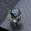 Anillo de Topacio Azul Real Deseo Anillo de Mano Forma de Huevo de Ganso Retro Europeo y Americano Plata Tailandesa Venta al por Mayor