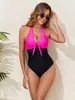 Traje de baño entero conservador de cuello halter europeo y americano, color contrastante, cuello en V, nudo en el busto, cintura alta, disimula el abdomen, corte ajustado
