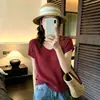 Camiseta de Tricô Manga Curta com Gola U para Mulheres, Direto da Fábrica, Estilo Coreano, Top Slim Fit, Guangzhou Shisanxing Em Estoque