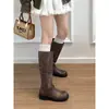Botas largas vintage de suela gruesa, punta redonda, con hebilla, efecto desgastado, para mujer, botas de altura media para otoño e invierno, botas de montar