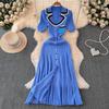Comércio Exterior Desejo Vestido de Verão Feminino Gola Polo Manga Curta Cor Contrastante Saia Longa Elegante Slim Vestido Slim