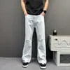 Calça Jeans Reta Branca Leve de Verão para Homens, Estilo Retro Americano, Perna Larga Solta, Emagrecedora, Calça Longa Versátil na Moda