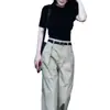 23226 Big Love Meiyuan Primavera e Verão 2025 Novas Calças Cropped de Cintura Alta com Barra Reta e Cinto, Modernas e Slim