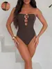 Traje de baño de comercio exterior de Amazon 2026, traje de baño sexy de una pieza de color sólido con push-up y cuentas, bikini ajustado europeo y americano para mujer