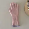 Guantes de Punto Mezcla de Lana con Borde Contrastante Invierno a Prueba de Frío Terciopelo de Conejo Lana Dedos Divididos Muñeca Larga y Ancha