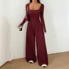 Ropa europea y americana para mujer para primavera y otoño, nuevo mono casual de pierna ancha de manga larga de color liso de estilo simple transfronterizo de Amazon para mujer