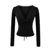 Camiseta Sexy de Moda Estilo Pure Lust con Cuello en V y Cordones, Manga Larga para Mujer, Nueva Sexy Encaje Camiseta Base Otoño e Invierno 2025