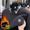 Nova Malha Simples de Inverno Masculina Malha com Forro de Fleece Manga Longa Popular para Jovens Falso Duas Peças Malha com Lapela Masculina