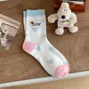 Calcetines de Dibujos Animados para Mujer, Estilo Otoño e Invierno, Calcetines de Algodón Jacquard de Perro Salchicha de Caña Media, Calcetines Holgados Dulces y Versátiles con Lazo para Estudiantes