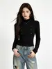 Camiseta de manga larga con cuello alto y botones, de estilo americano, seductora y chic, para mujer, perfecta para otoño, casual, simple y versátil