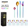 Juego de 4 cuchillos, tenedores y cucharas de acero inoxidable de Amazon transfronterizos. Cuchillo, tenedor y cuchara de acero inoxidable portugués para comida occidental. Caja de regalo de 24 piezas.