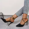 Sandalias de fiesta sexys y deslumbrantes estilo socialité, con tiras cruzadas, espalda descubierta y punta fina, tacones altos de aguja para mujer