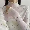 Nuevo suéter de punto para mujer de otoño e invierno con lunares, cuello semi-alto, top básico de capa base ajustado