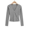 Camiseta Sexy de Estilo Retro Americano con Cuello en V, Botones y Rayas de Manga Larga, Moda de Otoño e Invierno, Top Base Ajustado Interior