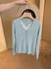 Cardigan de Punto de Manga Larga con Encaje, Cuello en U, Color Azul Lago, Moda Coreana de Alta Gama, Dos Piezas Falsas, Temporada de Otoño e Invierno Verde