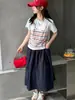 Camiseta de Manga Corta para Niñas de Verano, Estilo Nuevo para Niños Mayores, Camiseta Versátil de Moda con Rayas, Tirantes y Parches, Estilo Coreano