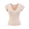 Camiseta Lisa de Color Sólido con Cuello en V y Manga Corta Estilo Puro Deseo 2025 Verano Nuevo Sencilla Versátil Ajustada Top Básico para Mujer