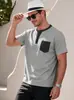 Camiseta Casual de Verano para Hombre con Cuello Henley, Manga Corta, Tejido Waffle, Bloques de Color, Parches, Bolsillo en el Pecho, Estilo Europeo Transfronterizo