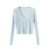 Cardigã de tricô elegante e versátil para o verão, de abotoamento simples, com proteção solar, mangas compridas e corte justo na cor azul claro