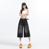 Jeans Cropped de Perna Larga Preto e Cinza para Mulheres 2025 Primavera e Verão Novo Cintura Alta Slim Solto Calças Drapeadas