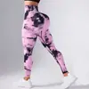 Pantalones de yoga personalizados europeos y americanos, pantalones deportivos sin costuras de efecto push-up de durazno y control de abdomen, pantalones largos de fitness ajustados de tie-dye de cintura alta para mujer