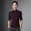 Camiseta de malha base gola alta 100% imitação de lã pura para mulheres, manga média, padrão espinha de peixe, suéter slim fit, top para camada interna