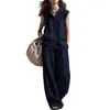 Conjunto de Top com Capuz Casual Soltinho Sem Mangas Multicor Novo de Verão de Marca Independente + Calça Wide Leg de Cintura Alta