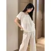 Pijama Feminino de Algodão Gaze Cor Lisa Manga Curta Verão 2025 Novo Conjunto Branco Calça Longa Tamanho Grande Roupa de Casa