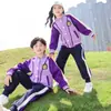 Traje de uniforme escolar primavera e verão estudante do ensino fundamental roupas de classe três peças estilo universitário roupa esportiva roxa jardim de infância roupas de jardim