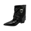 Botines Nuevos para Mujer Otoño/Invierno 2026, Punta Fina, Tallas Grandes, con Diseño de Hebilla de Cinturón, Tacón Grueso Único, Botas Trendy de Pierna Ancha