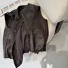 Chaleco de Encaje con Cordones de Cuero PU Retro Aceitado y Encerado para Mujer, Nuevo Otoño 2026 Diseño Holgado, Ropa Exterior Adelgazante con Cuello Redondo