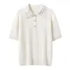 Suéter de punto de cachemir para mujer, modelo nuevo 2026, con cuello polo de manga corta y escote con cuentas de alta resistencia, suéter simple y elegante de manga corta